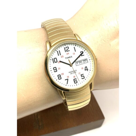 Timex Men's Watch T2N092 Indiglo White Dial Quartz Gold Tone Expansion Band 35mm - Picture 11 of 14